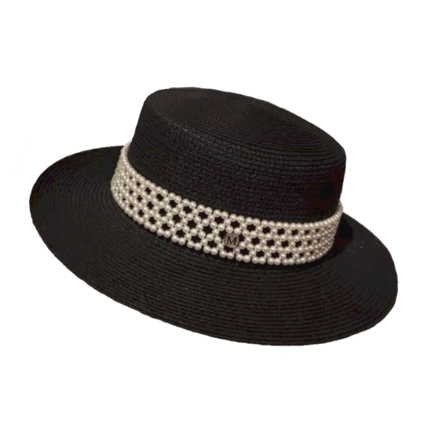 Majestà Bianca – Royal Black Wide-Brim Pearl Straw Hat for Women | Designer Summer Hat Inspired by Japanese Elegance and Italian Craft