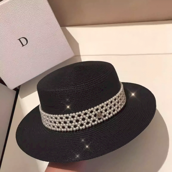 Majestà Bianca – Royal Black Wide-Brim Pearl Straw Hat for Women | Designer Summer Hat Inspired by Japanese Elegance and Italian Craft