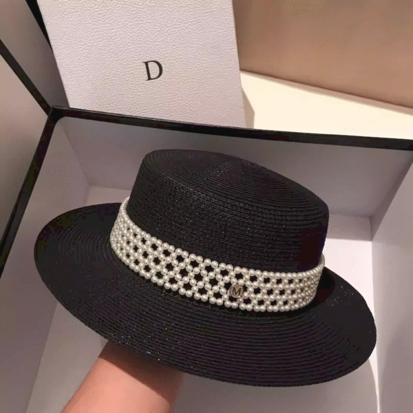 Majestà Bianca – Royal Black Wide-Brim Pearl Straw Hat for Women | Designer Summer Hat Inspired by Japanese Elegance and Italian Craft