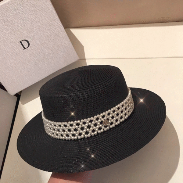 Majestà Bianca – Royal Black Wide-Brim Pearl Straw Hat for Women | Designer Summer Hat Inspired by Japanese Elegance and Italian Craft
